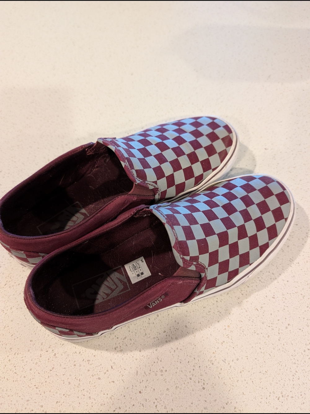 Vans Kids Checkerboard Slip-On Sneakers in Maroon & Light Blue